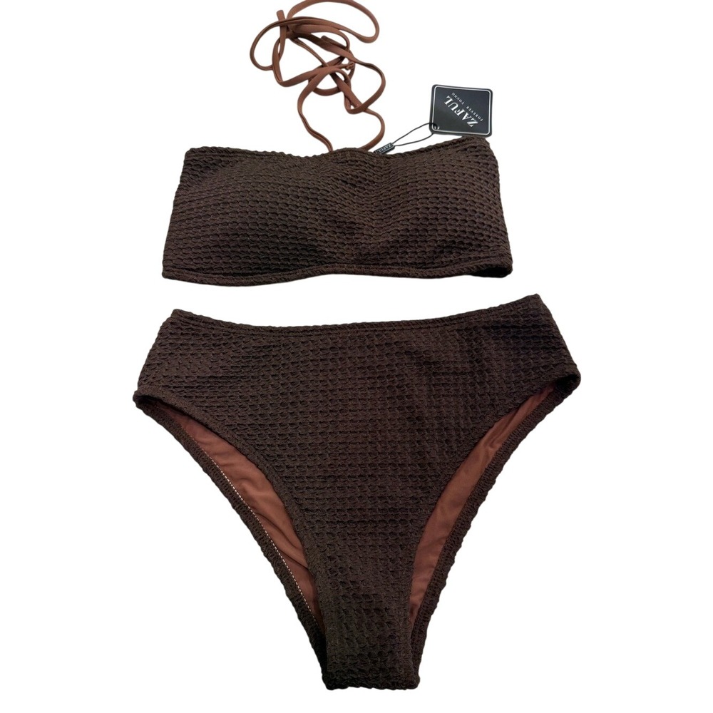Zaful Brown Textured Bandeau Bikini Set Size S